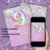 レインボースパークルグリッターガール9thバースデーパーティー 招待状