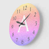 レインボースパークルグリッターモノグラムネーム&イニシャル ラージ壁時計 (傾斜)