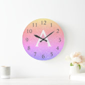 レインボースパークルグリッターモノグラムネーム&イニシャル ラージ壁時計 (ホーム)