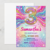 レインボースパークルグリッター3歳誕生日パーティー 招待状 (正面/裏面)