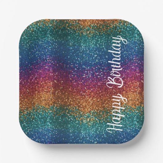 レインボースパークルメタリックエレガントハッピーバースデー ペーパープレート (正面)