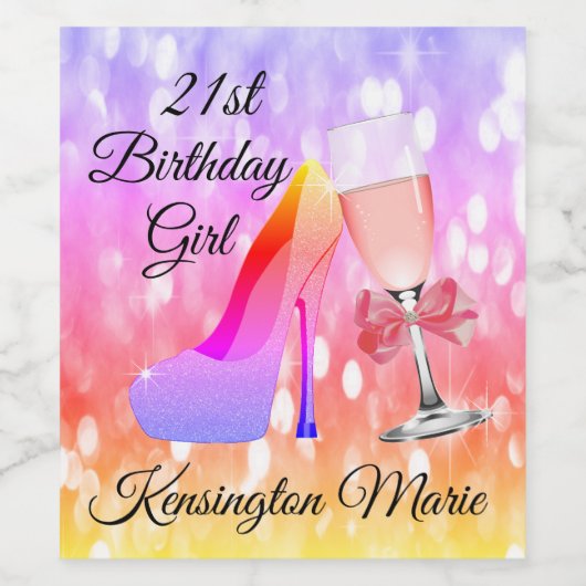 レインボースパークル誕生日ピンクきらめくワインラベル ワインラベル (シングルラベル)