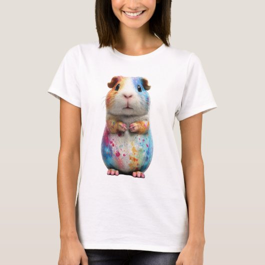 レインボースプラッター モルモット肖像画 女性 Tシャツ (正面)