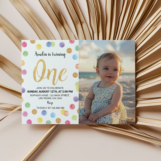 レインボースポットパステル1stバースデーフォト招待状 サンキューカード