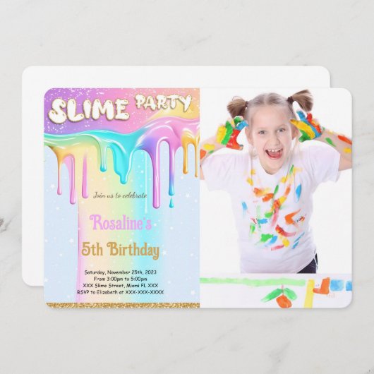 レインボースライムバースデーパーティーの写真 招待状 (正面/裏面)