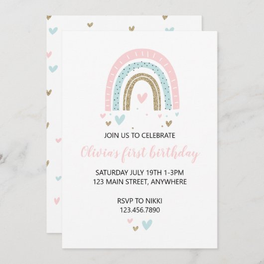 レインボーズとハートファースト誕生日招待状パステル 招待状 (正面/裏面)