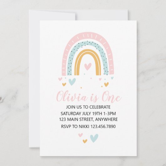 レインボーズとハートファースト誕生日招待状パステル 招待状 (正面)