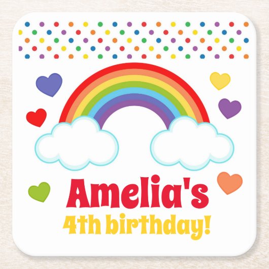 レインボーズハートアンドドットガールズ誕生日 スクエアペーパーコースター (正面)