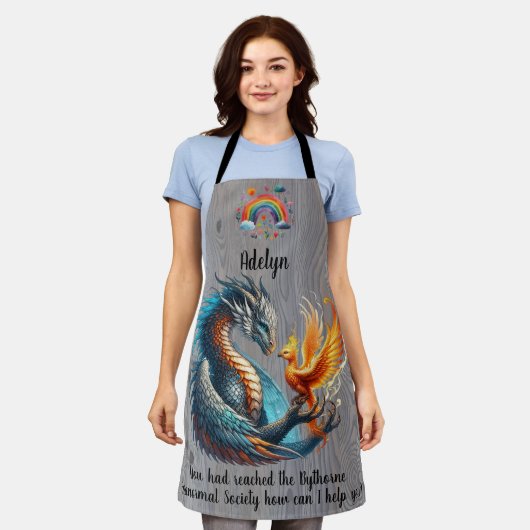 レインボーズ、ドラゴン、鳥と超常現象学会 エプロン (着用した状態)