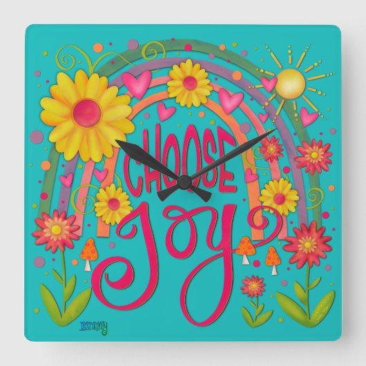 レインボーセレクトジョイかわいいトレンディーティール(緑がかった色)インスピレーション スクエア壁時計 (正面)