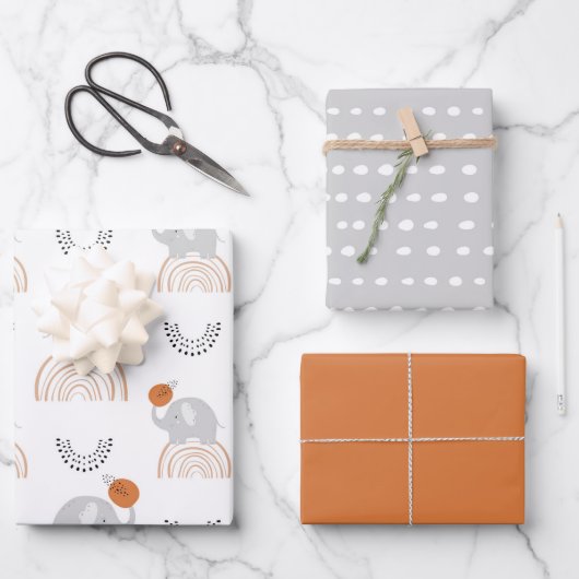 レインボーゾウ模様ラッピング紙シート ラッピングペーパーシート (正面)