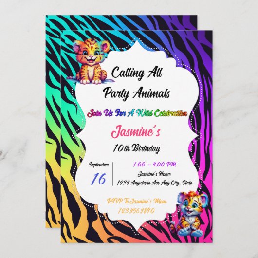 レインボータイガーアニマルプリント誕生日 招待状 (正面/裏面)