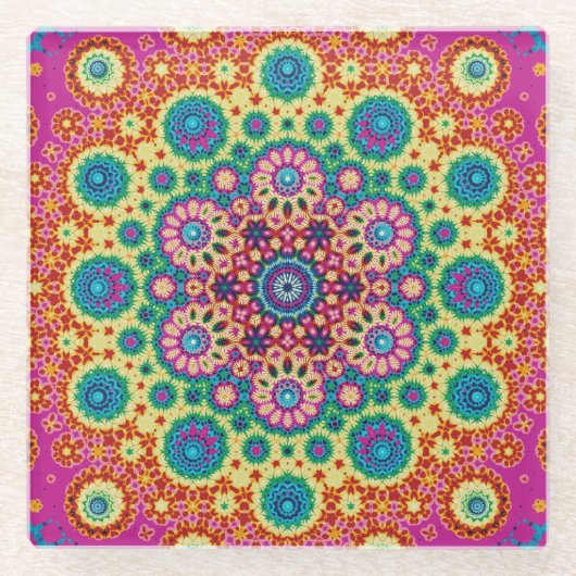 レインボータイダイ幾何学曼荼羅3パターン ガラスコースター (正面)