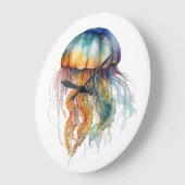 レインボータイドクラゲ：水彩アート ラージ壁時計 (傾斜)