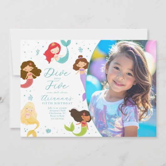 レインボーダイブインファイブマーメイド誕生日 招待状 (正面)