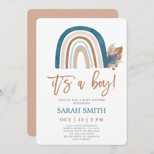 レインボーダスティブルーボーホベイビーシャワーボーイ 招待状 (正面/裏面)
