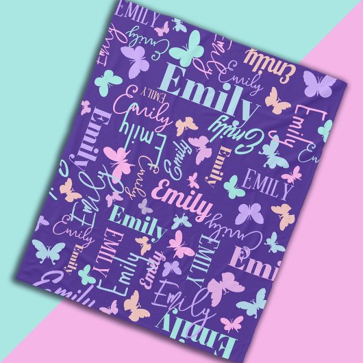 レインボーチョウ名前をカスタムするブルーピンクパープル フリースブランケット