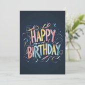 レインボーチョークハッピーバースデーオンネイビーブルー誕生日 招待状 (スタンド正面)