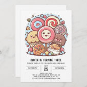 レインボーチルドレン棒つきキャンデー誕生日 招待状 (正面/裏面)