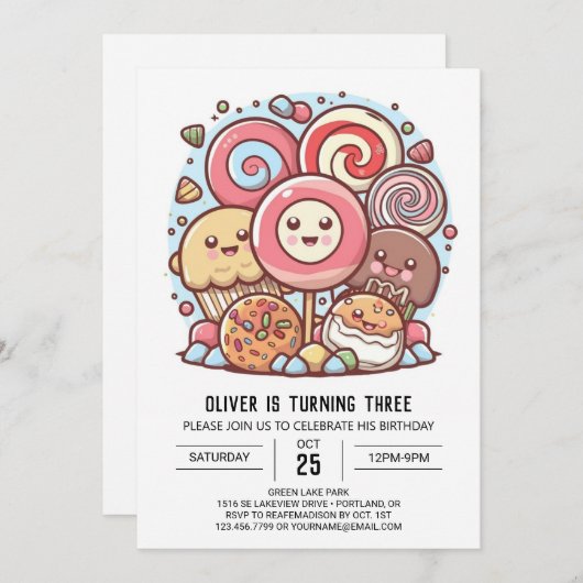 レインボーチルドレン棒つきキャンデー誕生日 招待状 (正面/裏面)