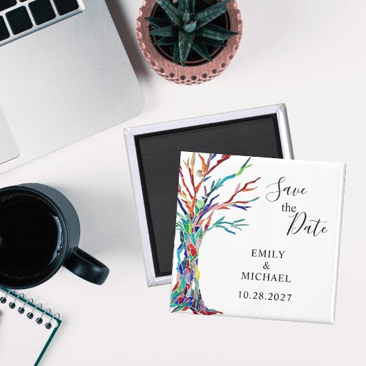 レインボーツリーウェディング日付磁石を保存 マグネット