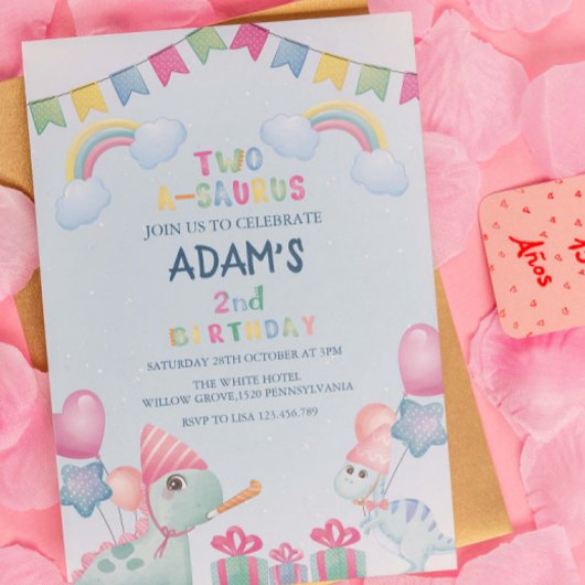 レインボーツーザウルス2ndバースデーブルー恐竜 招待状