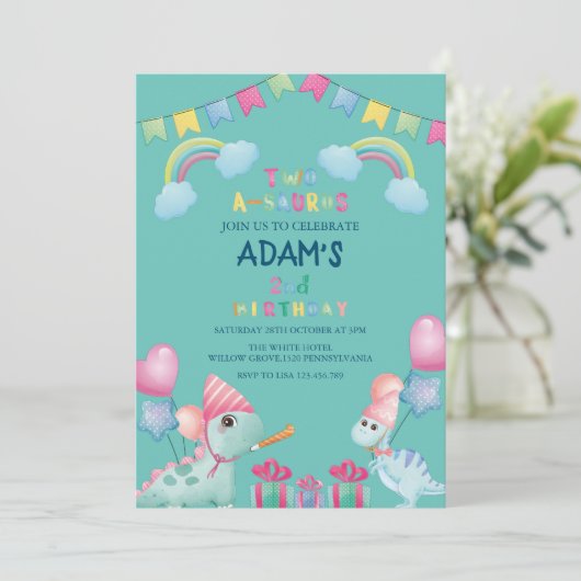 レインボーツーザウルス2nd誕生日パーティー恐竜 招待状 (スタンド正面)