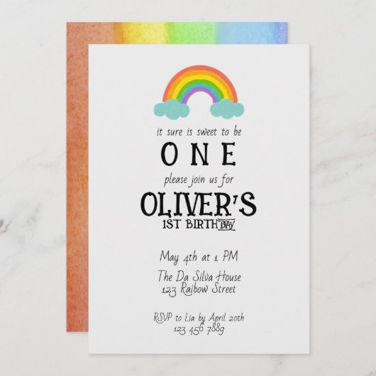レインボーツーワンファースト誕生日 招待状 (正面/裏面)