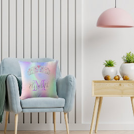 レインボーティアラクラウンピンクモノグラムホログラフィー クッション