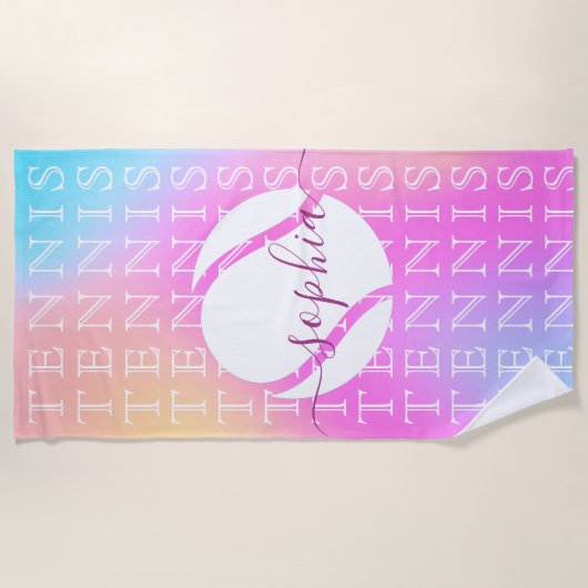 レインボーテニスタイポグラフィボール&ガールプレイヤー名 ビーチタオル (正面)