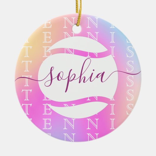 レインボーテニスタイポグラフィボール&ガールプレーヤーキッズ セラミックオーナメント (正面)