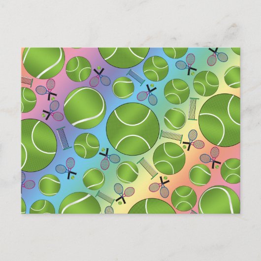 レインボーテニスボールラケットとネット ポストカード (正面)