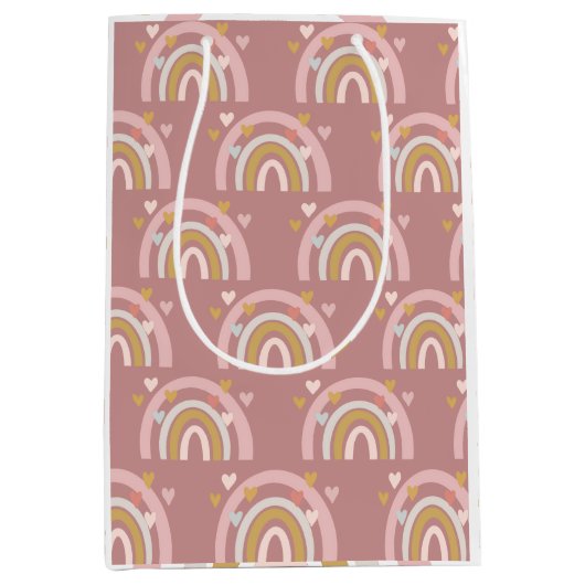 レインボーテーマハートピンク ミディアムペーパーバッグ (正面)