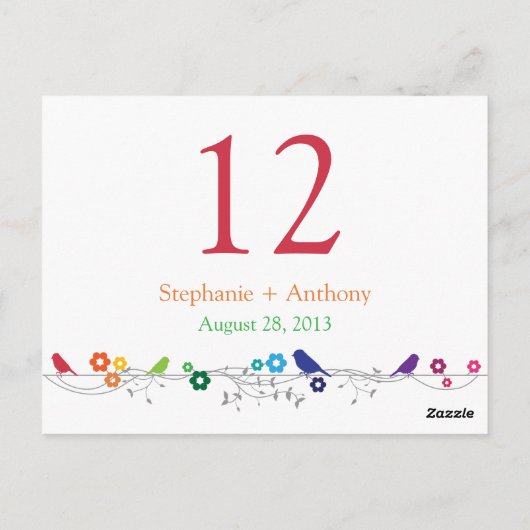 レインボーテーマ鳥結婚の花のテーブルカード ポストカード (裏面)