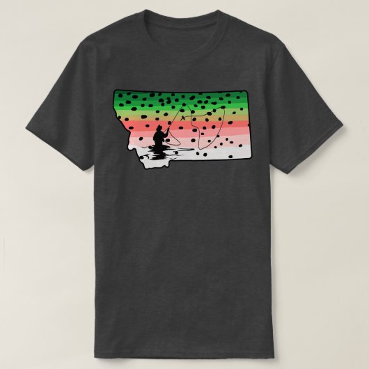 レインボートラウフフィッシュモンタナ州マップフライフィッシュ Tシャツ (デザイン正面)