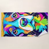 レインボードッグポートレートデザイン ビーチタオル (正面)