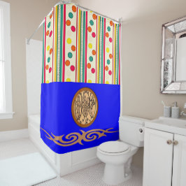 レインボードットカラフルブルーショーカーテン シャワーカーテン