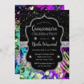 レインボーネオンアブストラクトグリッターのキンセアニエラ 招待状 (正面/裏面)
