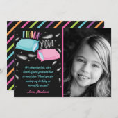 レインボーネオンスランバーパーティー誕生日写真 サンキューカード (正面/裏面)