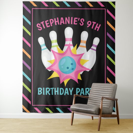 レインボーネオンボウリングバースデーパーティー写真背景 タペストリー (インサイチュ)