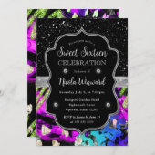 レインボーネオン抽象芸術グリッタースウィート16 招待状 (正面/裏面)