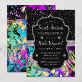 レインボーネオン抽象芸術グリッタースウィート16 招待状 (正面/裏面)