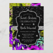 レインボーネオン抽象芸術グリッタースウィート16 招待状 (正面/裏面)