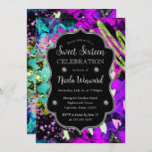 レインボーネオン抽象芸術グリッタースウィート16 招待状 (正面/裏面)