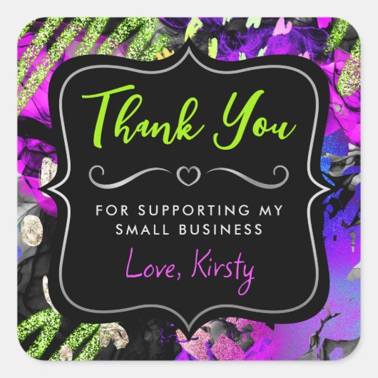 レインボーネオン抽象芸術グリッタースモールビジネス スクエアシール (正面)