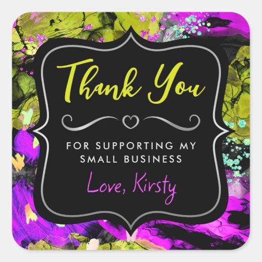 レインボーネオン抽象芸術グリッタースモールビジネス スクエアシール (正面)