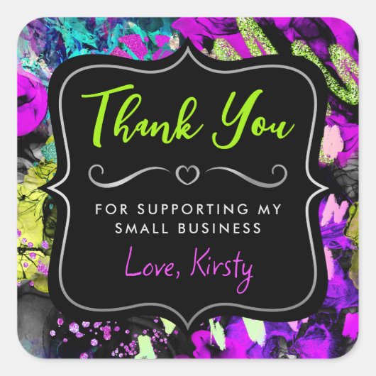 レインボーネオン抽象芸術グリッタースモールビジネス スクエアシール (正面)