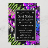 レインボーネオン抽象芸術グリッターフレームスウィート16 招待状 (正面/裏面)