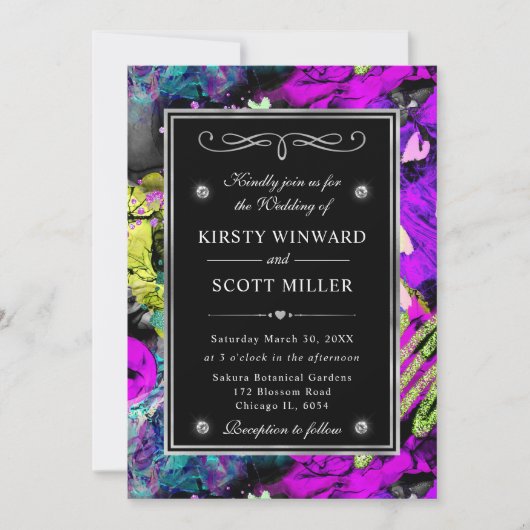 レインボーネオン抽象芸術グリッター結婚フレーム 招待状 (正面)