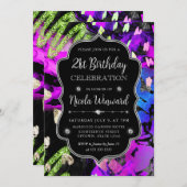 レインボーネオン抽象芸術グリッター21歳 招待状 (正面/裏面)